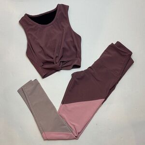 Onzie Mauve and Pink Twisted Knot Tank + Leggings Ribbed Yoga Set